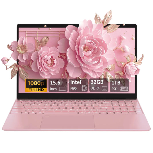 15.6" Business Laptop, 32GB RAM 1TB SSD, Windows 11 Pro Computers, Intel N95 CPU, Pink